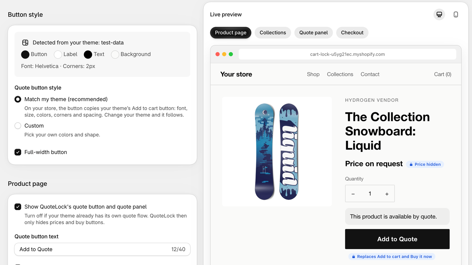 QuoteLock Appearance screen in the Shopify admin