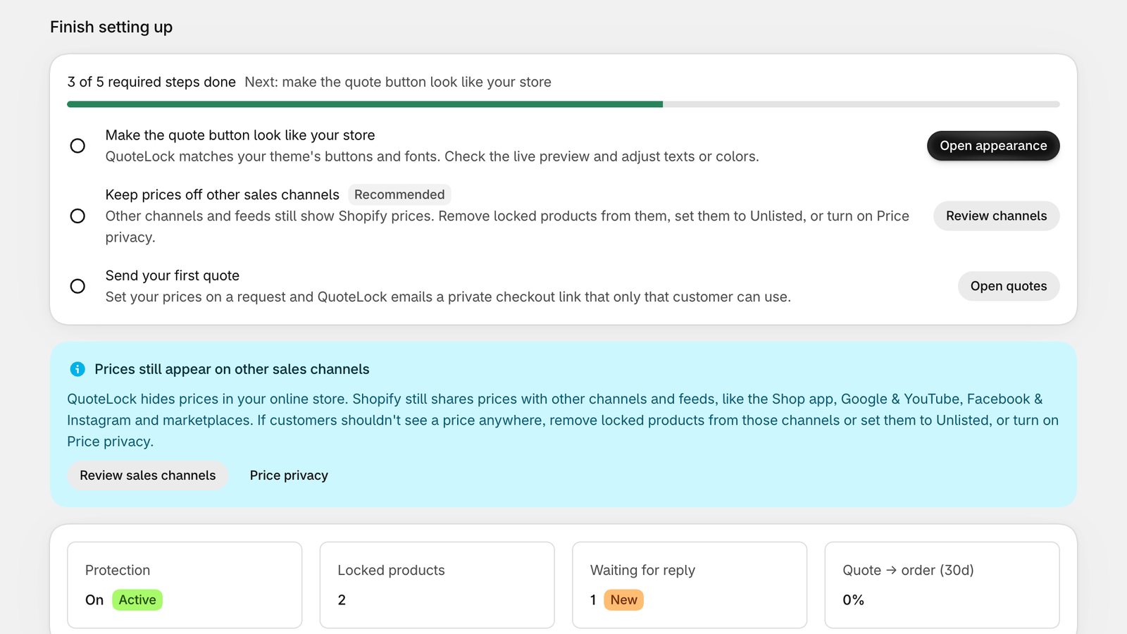 QuoteLock Dashboard screen in the Shopify admin