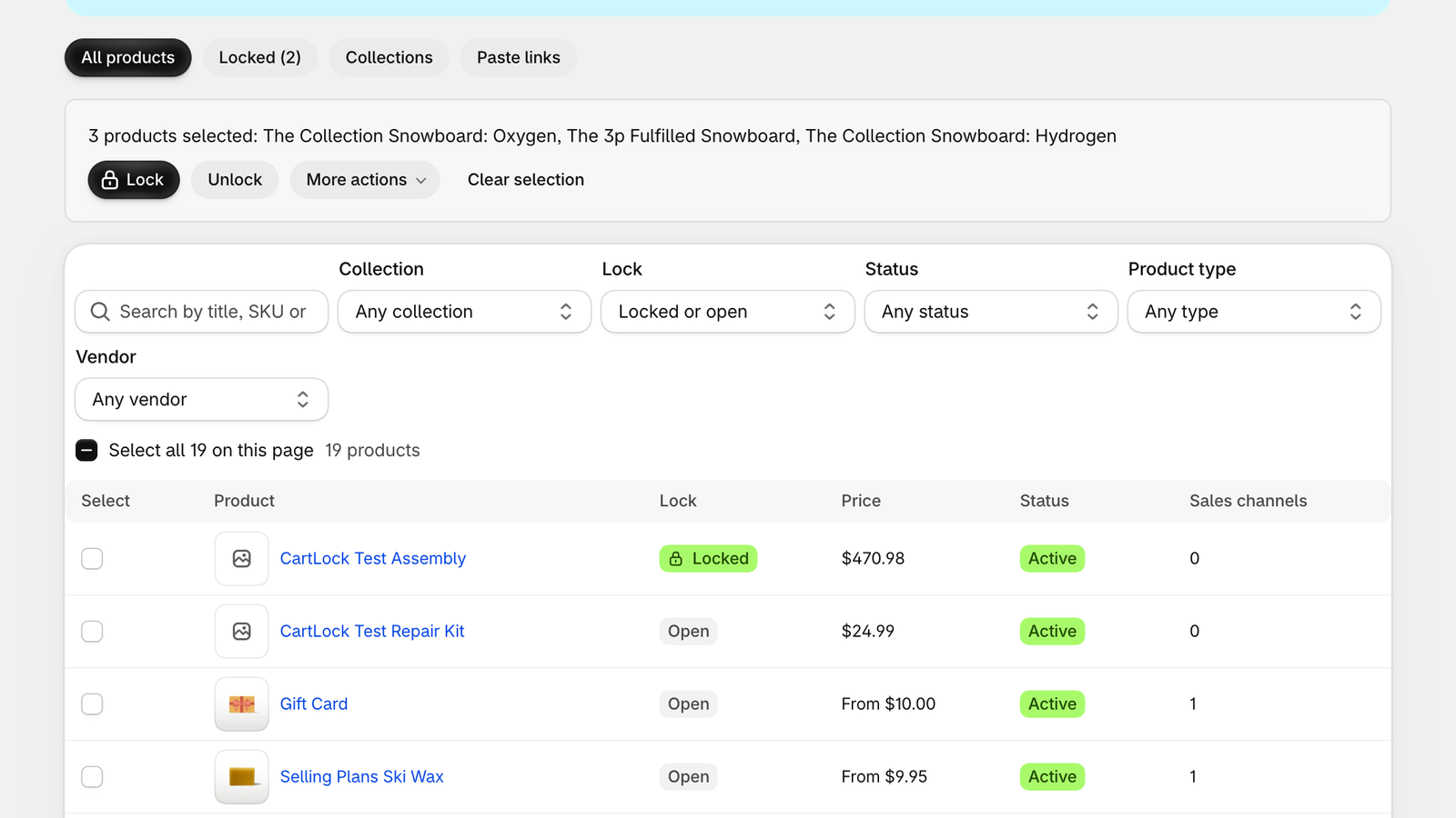 QuoteLock Products screen in the Shopify admin