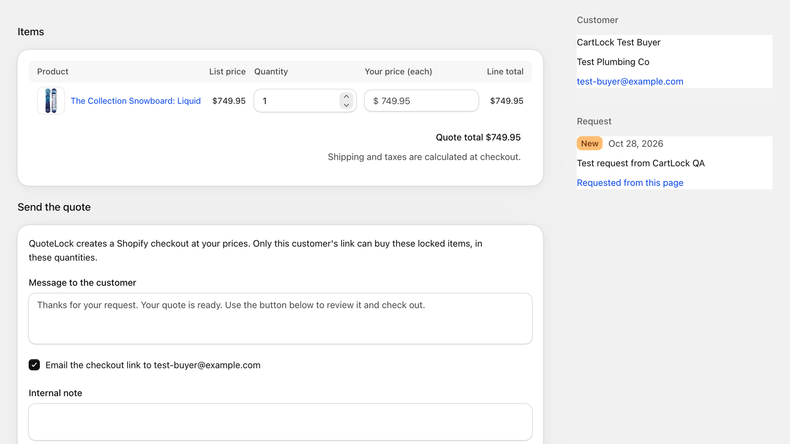 QuoteLock Quotes screen in the Shopify admin